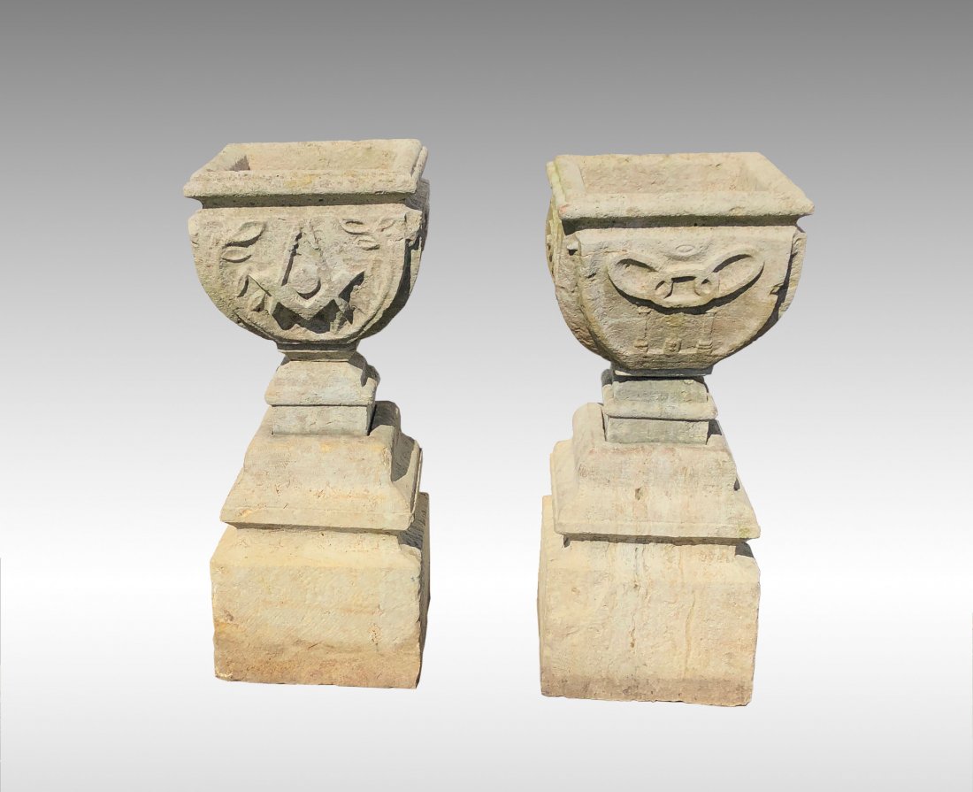 PR ANTIQUE VICTORIAN STONE MASONIC GARDEN JARDIENERES: PR ANTIQUE VICTORIAN CUT STONE MASONIC LODGE GARDEN JARDIENERE URNS AND PEDESTALS: Provenance: According to a family who brought these to Pinellas County circa 1950 from Ohio. They were formally in th