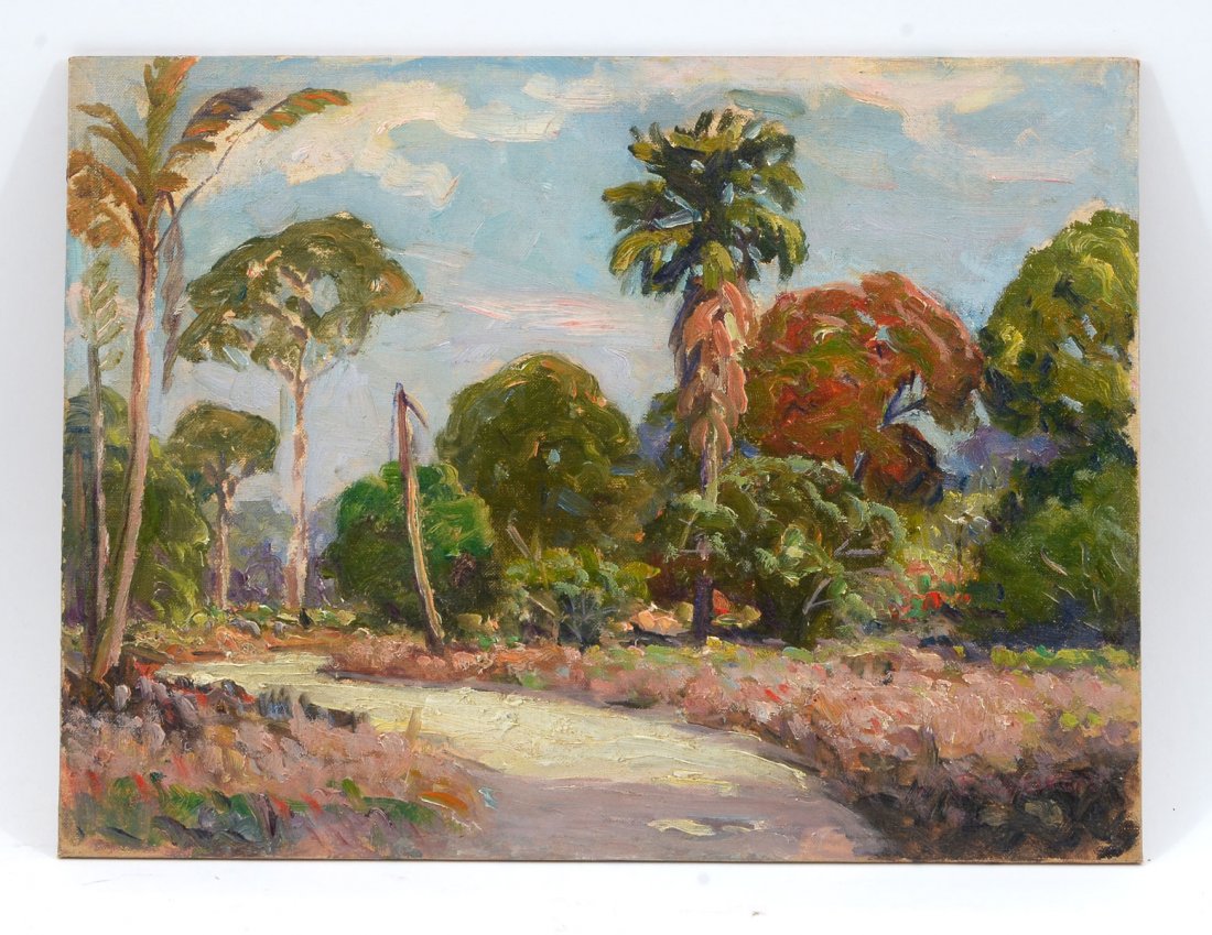 FRED OLIVE ALTA MARINA FLORIDA PAINTING: OLIVE, Fred C., (American, 20th C.): "Winding Road", Oil/Canvasboard, 12" x 16", signed lower right, old exhibition label from Art Week, 1941, pencil inscription "Made in Alta Marina Estate, 1933", un
