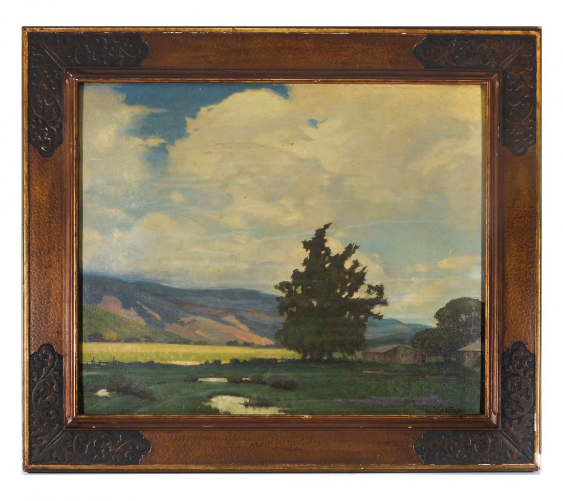GUSTAV LILJESTROM PLEIN AIR PAINTING: LILJESTROM, Gustav (Swedish, 1880-1958): Plein Air Painting of Valley Meadow titled "Springtime", Oil/Canvas Board, 16.50" x 20", signed lower right, Bohemian Club San Francisco, California label affi