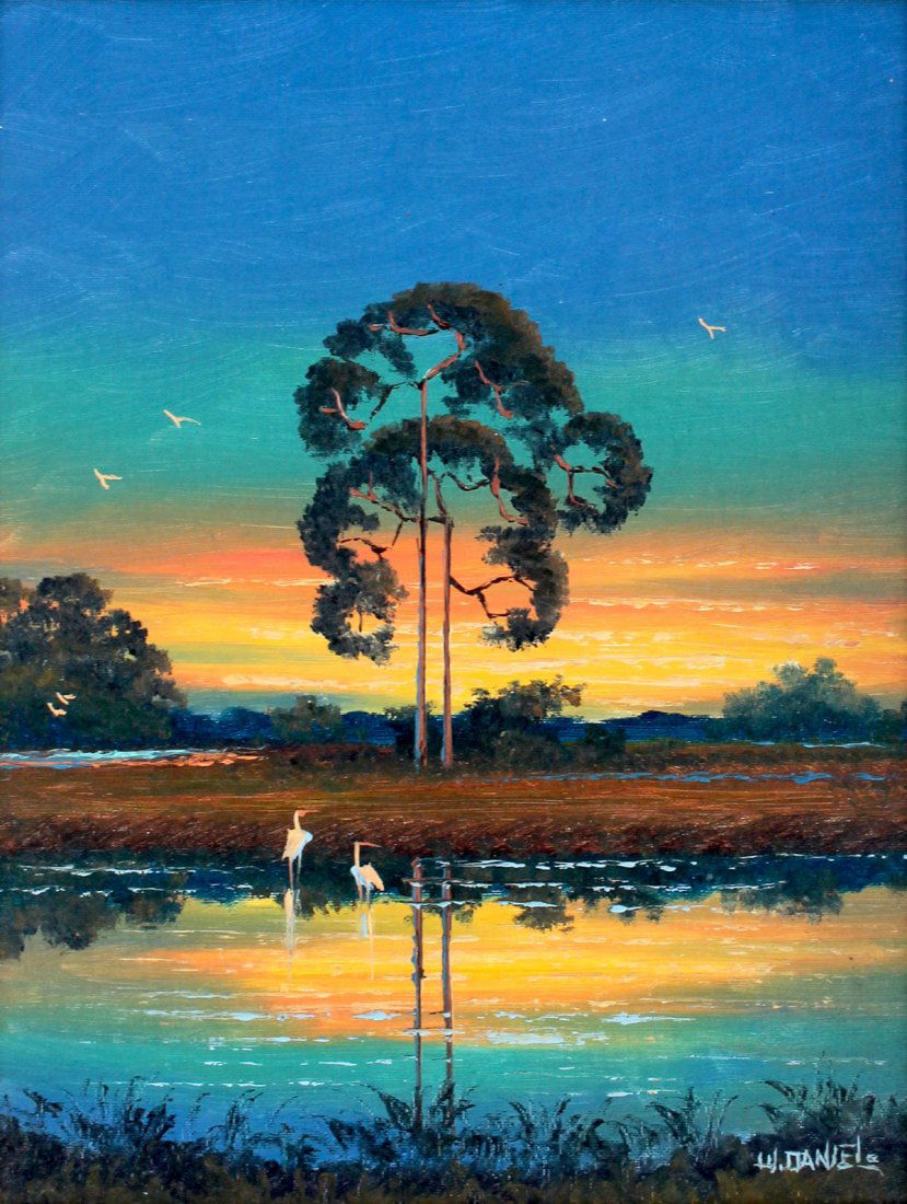 WILLIE DANIELS FLORIDA HIGHWAYMEN SUNSET PAINTING: DANIELS, Willie, (American, 1950): Florida Highwaymen Fire Sky River Scene with Herons, Oil/Canvas Board, 14" x 18", signed lower right, framed 22" x 18".
