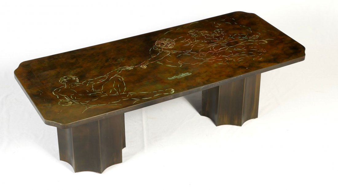 PHILIP AND KELVIN LAVERNE COFFEE TABLE: PHILIP AND KELVIN LAVERNE COFFEE TABLE: Rectangular form depicting The Creation of Adam by Michelangelo showing the outstretched arms and near touching hands of a nude Adam and God wrapped in a swirli