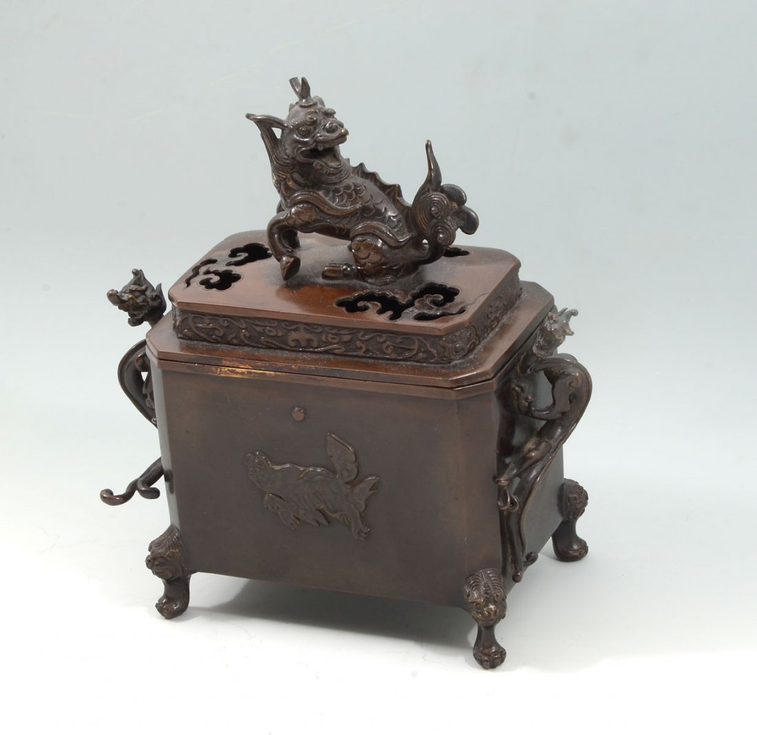 CHINESE BRONZE DRAGON CENSOR BOX: CHINESE BRONZE DRAGON CENSOR BOX: Old rectangular Chinese censor box having attached archaic dragon handles and raised Foo Dogs on observe & verso. Raised on Foo Dog legs & paw feet. Surmounting is a