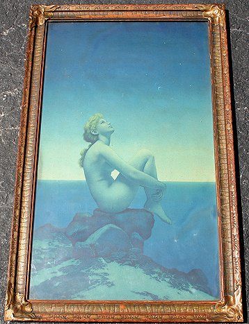VINTAGE MAXFIELD PARRISH STARS LITHO: PARRISH, Maxfield (American, 1870-1966): "Stars" Lithograph. 29 1/2" x 17 1/2" sight size, House of Art edition, in original early 20th century frame, some loss to finish, abrasions and chips to wood,
