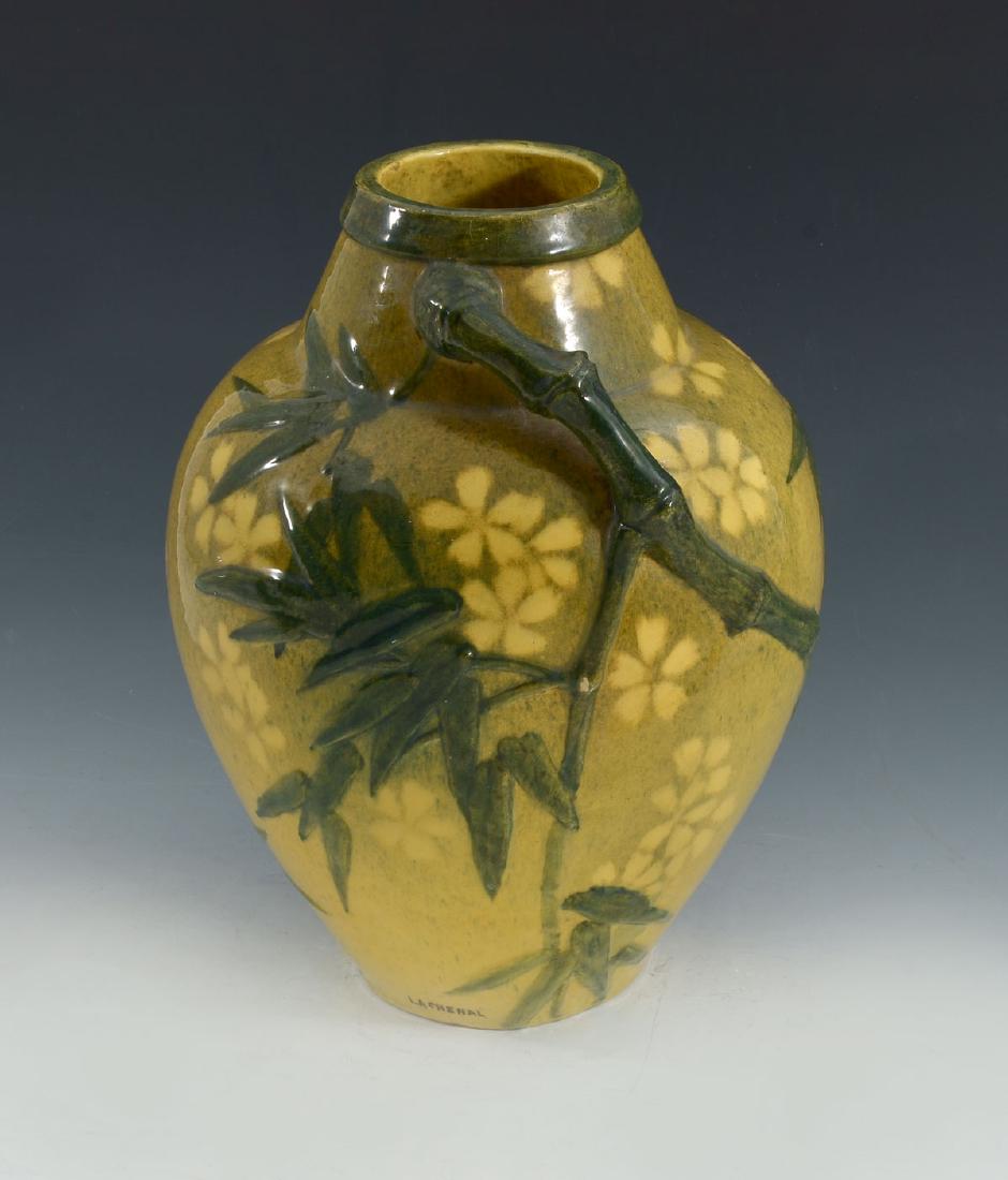 EDMOND LACHENAL (1855-1948) FRENCH BAMBOO HANDLED: EDMOND LACHENAL (1855-1948) FRENCH BAMBOO HANDLED VASE: Early 20th French Edmond Lachenal Bamboo handled vase having a variegated yellow & green ground with yellow flowers and raised Bamboo foliate. I