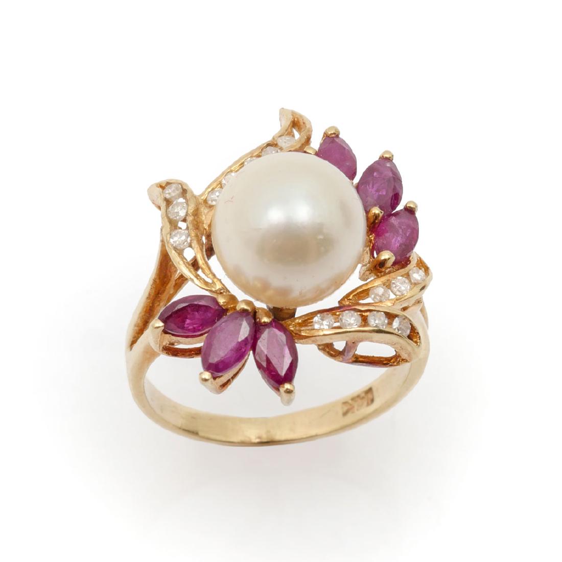 14K PEARL, RUBY & DIAMOND RING: 14K PEARL, RUBY & DIAMOND RING: 14K yellow gold ring contains 15 round single cut diamonds. WEIGHT: .15 Ct. Approx. 6 marquise cut rubies. WEIGHT: .80 Ct. Approx. 8.00 mm cultured pearl. The rubies ar