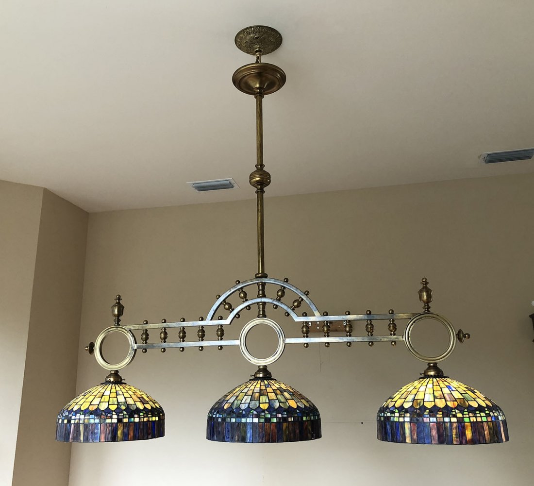 LARGE BRASS & STAINEDGLASS POOL TABLE LIGHT