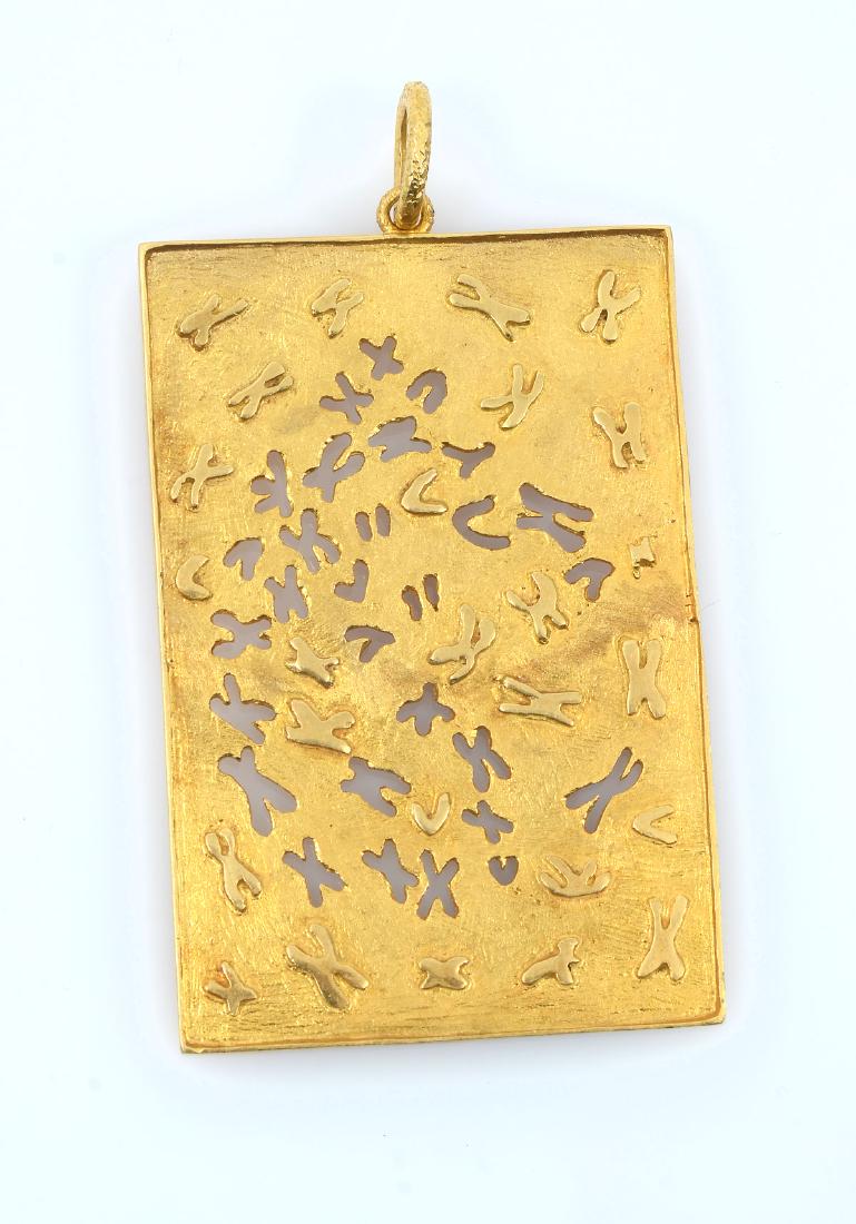 18K ILIAS LALAOUNIS ''DANCE OF LIFE'' PENDANT: 18K ILIAS LALAOUNIS ''DANCE OF LIFE'' PENDANT: Yellow gold cut-out pendant measures approx 3'' x 2'' and weighs approx 44.3 grams. Signed Ilias Lalaounis. Sold with current Atlanta Gemological GIA gra