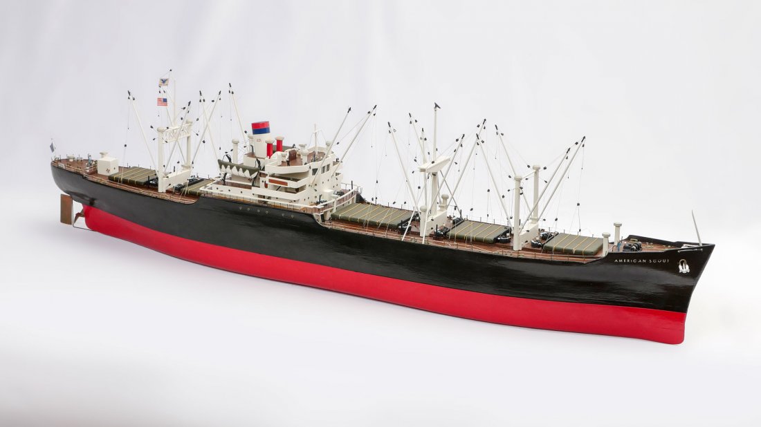 AMERICAN SCOUT C-2 CARGO SHIP MODEL: AMERICAN SCOUT C-2 CARGO SHIP MODEL: Model ship of a C-2 class cargo freighter named ''American Scout''. It was initially built for use during World War II. Resides under a plexiglass case. Ship Appro