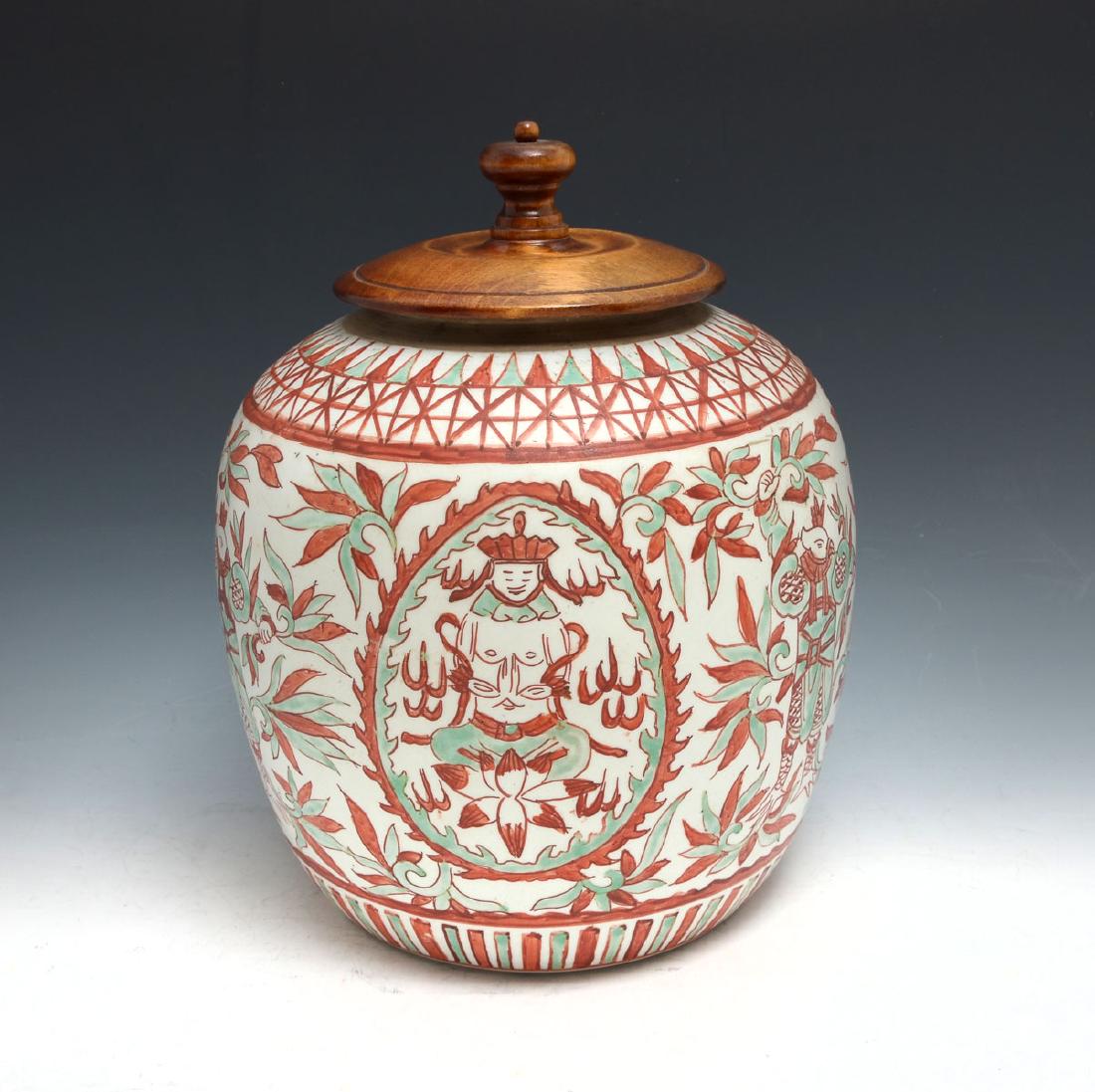 CHINESE GINGER JAR WITH LID: UNUSUAL ASIAN GINGER JAR WITH LID: Asian, possibly Korean ginger jar having painted figures resting on a lotus, alternating with figures with rooster heads & feet amongst scrolling foliate. 6 characte