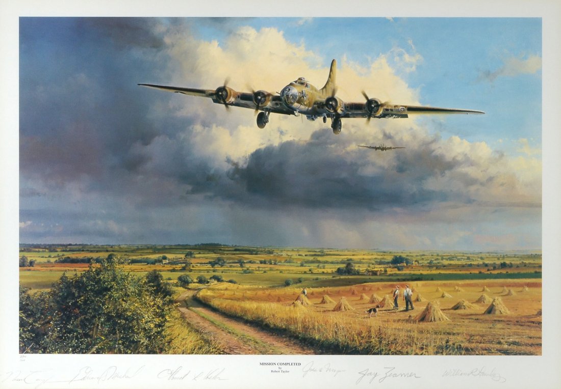 "MISSION COMPLETED" PRINT BY ROBERT TAYLOR 234/100: TAYLOR, Robert, (British 1946-) "Mission Completed" Offset Lithograph": The scene depicts a B-17 barely making its way back home to England. To reach the German target, it had to fly through a barrage