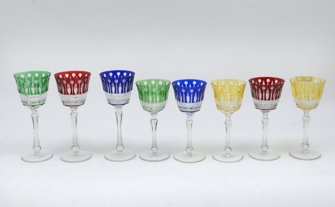2 BOXES FABERGE XENIA CUT TO CLEAR WINE GOBLETS: 2 BOXES FABERGE XENIA CUT TO CLEAR WINE GOBLETS: 4 wine goblets in each original velvet case by Faberge. Each glass is a different jewel tone color and is 8.25" tall. 8 glasses in total. Box has wear 