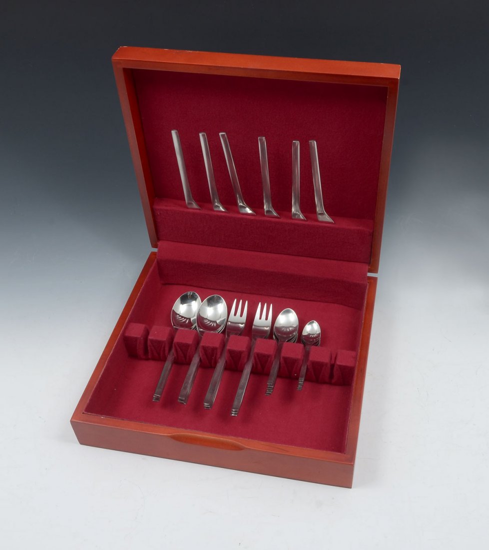 30 PC. JET-LINE STAINLESS FLATWARE BY SIGURD PERSSON: 30 PC. JET-LINE STAINLESS FLATWARE BY SIGURD PERSSON: Comprising 6 forks, 6 table spoons, 6 teaspoons, 6 demitasse spoons, & 6 knives. Designed by Sigurd Persson for Scandinavian Airlines in 1958. All