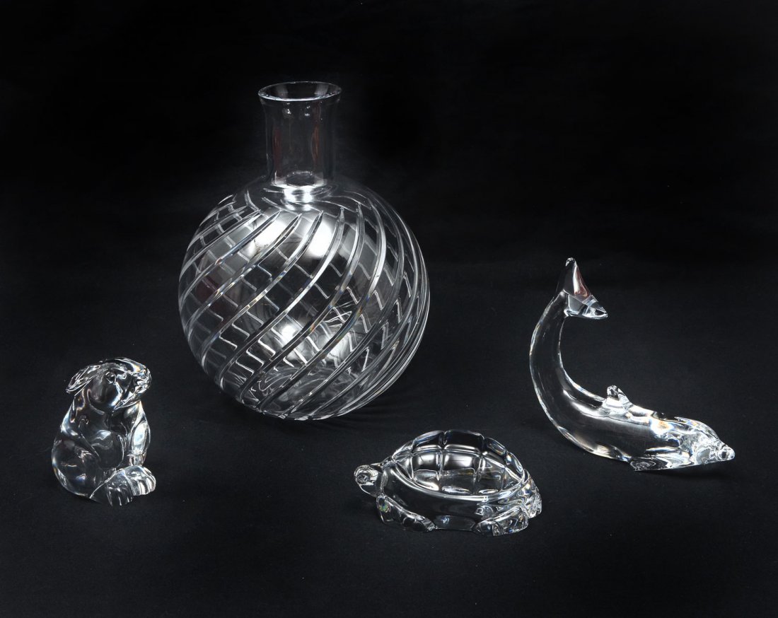 4 PIECES BACCARAT: 4 PIECES BACCARAT: 1) 10" Cyclades Round vase in original box; 2) Baccarat dolphin bb4"h x 5"w; 3) Sitting bunny, 3"h x 5.5"; 4) Baccarat turtle, 2"h x 4"l x 3"w. 2, 3 and 4 sold in a Baccarat box - m
