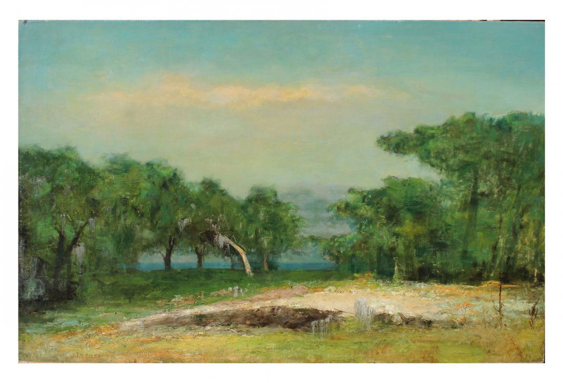 JOHN R. STITES PAINTING "FLORIDA NEAR THE COAST": STITES, John R., (American, 1836-1888): "Florida Near the Coast", Oil/Canvas, 26" x 40", signed lower left, unframed, early label affixed verso which reads Overgrown Shell Pile Florida Near the Coast.