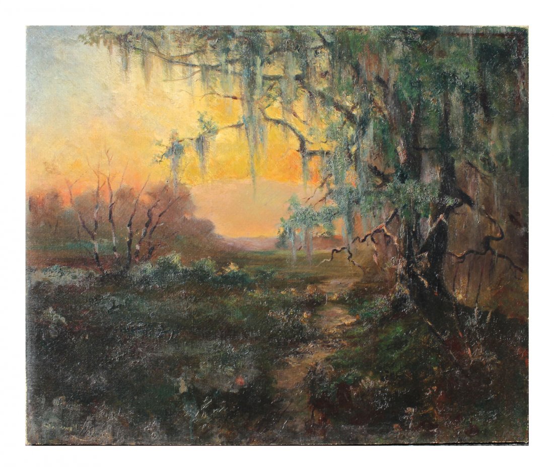 CATHERINE STOCKWELL FLORIDA SUNSET PAINTING: STOCKWELL, Catherine, (American, 1895-1983): Florida Sunset through the Spanish Moss, Oil/Canvas, 20" x 24", signed lower left, unframed.