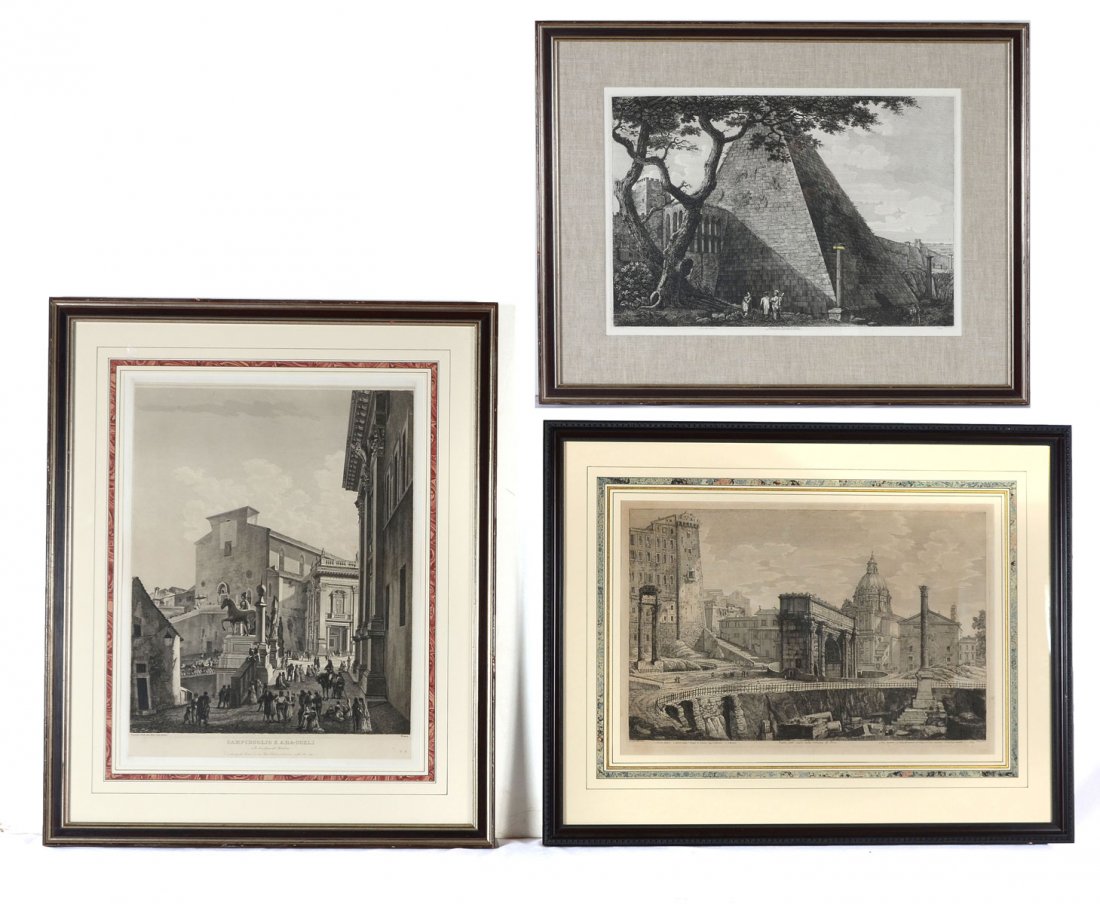 3 ENGRAVINGS AFTER LUIGI ROSSINI: 3 ENGRAVINGS AFTER LUIGI ROSSINI: 1) "Pyramid", sight size is 18" x 24.50", fine custom framing is 27.50" x 34". 2) "Campidoglio E Ara-Coeli", sight size is 24" x 18.50", fine custom framing is 33.50"