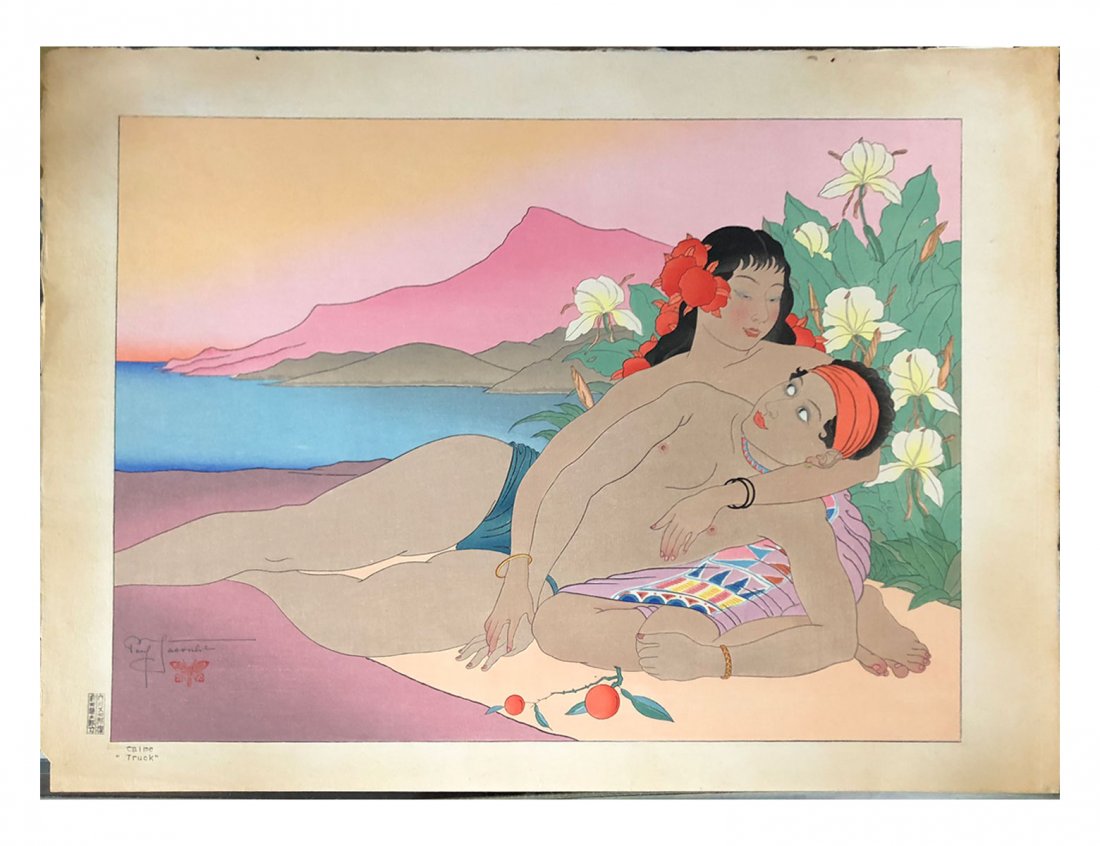 JACOULET WOODBLOCK CALME TRUCK: JACOULET, Paul, (French, 1902-1960): Calme "Truck", Japanese Woodblock Print, 14" x 18.50" with margins, pencil signed lower left, numbered verso 59 of 350, unframed.