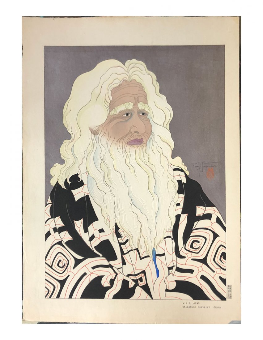 JACOULET WOODBLOCK VIEIL AINO: JACOULET, Paul, (French, 1902-1960): "Vieil Aino" Chikabumi Hokkaido Japon, Japanese Woodblock Print with Mica, 18.50" x 14.25" with margins, pencil signed in the mid-right margin, unframed, numbered,