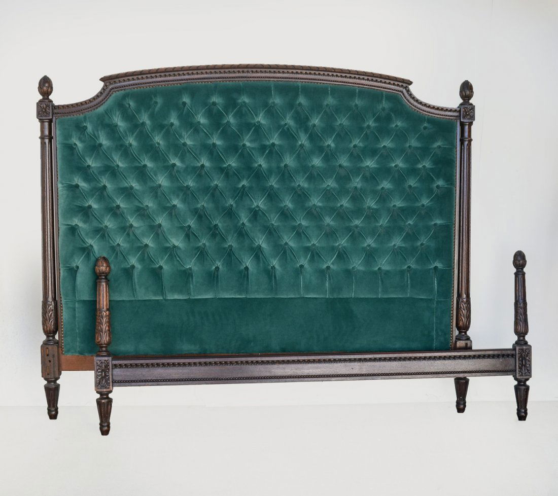 CARVED FRENCH STYLE HEADBOARD & FOOTBOARD: CARVED FRENCH STYLE HEADBOARD & FOOT BOARD: French style headboard & foot board having an overall fluted & carved foliate design with a green tufted velvet padding. Approx. 52" h x 62.5" w.