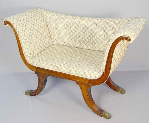 DIMINUTIVE DUNCAN PHYFE STYLE SETTEE 27in high: DIMINUTIVE DUNCAN PHYFE STYLE SETTEE: Carved mahogany frame, 27 1/2"h. x 41" wide x 17" deep.