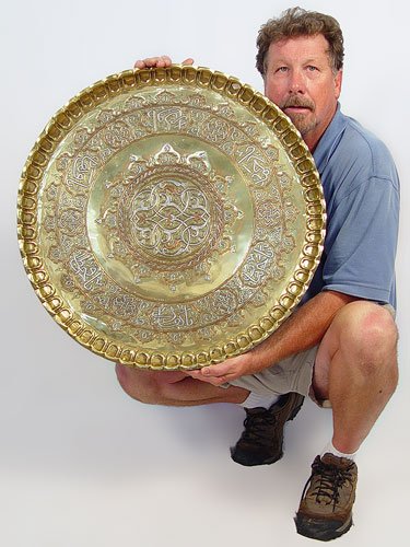 ROUND SILVER INLAID PERSIAN BRASS TRAY
