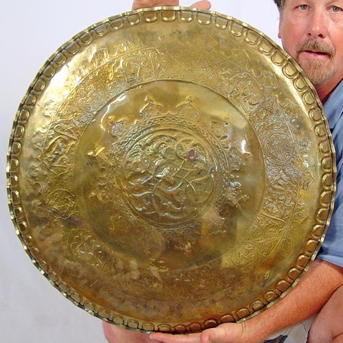 ROUND SILVER INLAID PERSIAN BRASS TRAY - 3