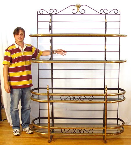 7 FEET TALL BLACK IRON AND BRASS BAKER'S RACK