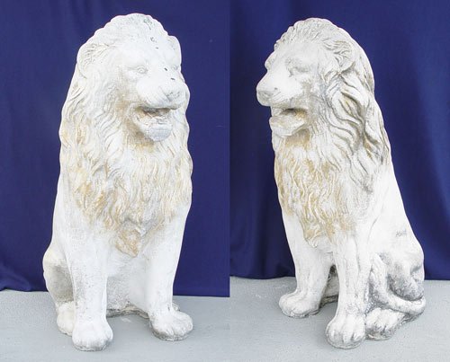 GRAND PAIR OF OLD CONCRETE GUARD LIONS
