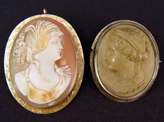 2 ESTATE CAMEO BROOCH 14K PENDANT shell & lava