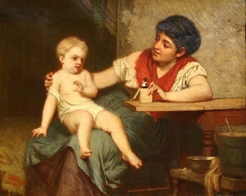 WILLIAM PENN MORGAN JACK IN THE BOX PAINTING: MORGAN, William Penn, (American, 1826-1900): Mother and Child with Jack-in-the-Box, Oil/Canvas, 19 1/2" x 24 1/2", signed, gilded and pierce carved frame with wear and missing gesso, 28" x 31". Crackl