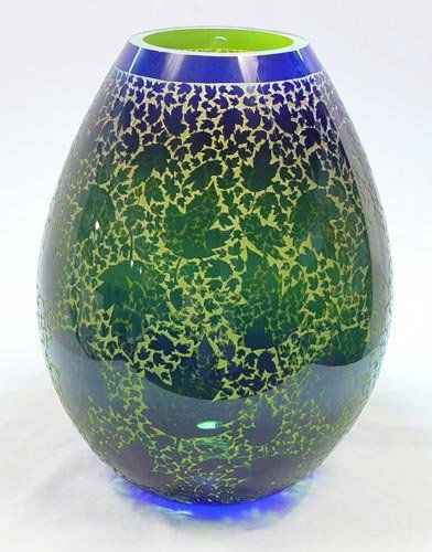DUNCAN MCCLELLAN SIGNED ART GLASS VASE: DUNCAN MCCLELLAN SIGNED ART GLASS VASE: Gold on blue on green, 16" high x 11" widest point. 6" top dia.