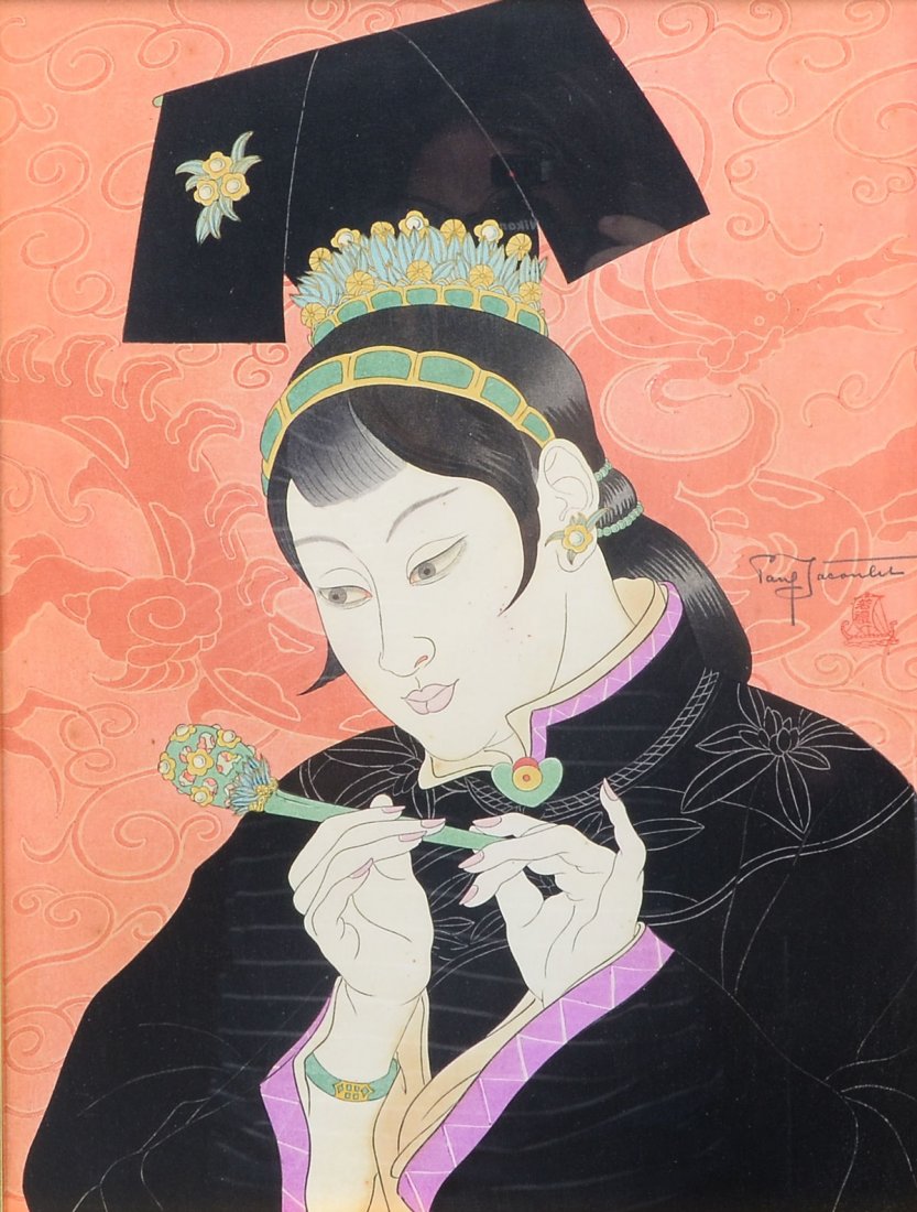 PAUL JACOULET JAPANESE WOODBLOCK PRINT: JACOULET, Paul, (French, 1902-1960): Woman Holding Pipe, Japanese Woodblock Print, sight size 15" x 11", pencil signed right margin, framed, 20.5" x 16.75".