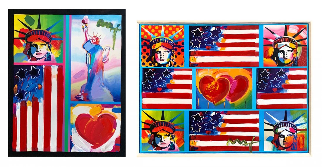 2 PETER MAX PATRIOTIC SERIES MIXED MEDIA ARTWORKS: MAX, Peter, (German, 1937): 1) Patriotic Series: Two Libertie, Mixed Media, 18.50" x 15", singed upper right, Art Quest label verso, framed 32.50" x 28.50". 2) Four Liberties, sight size is 14" x 18.5