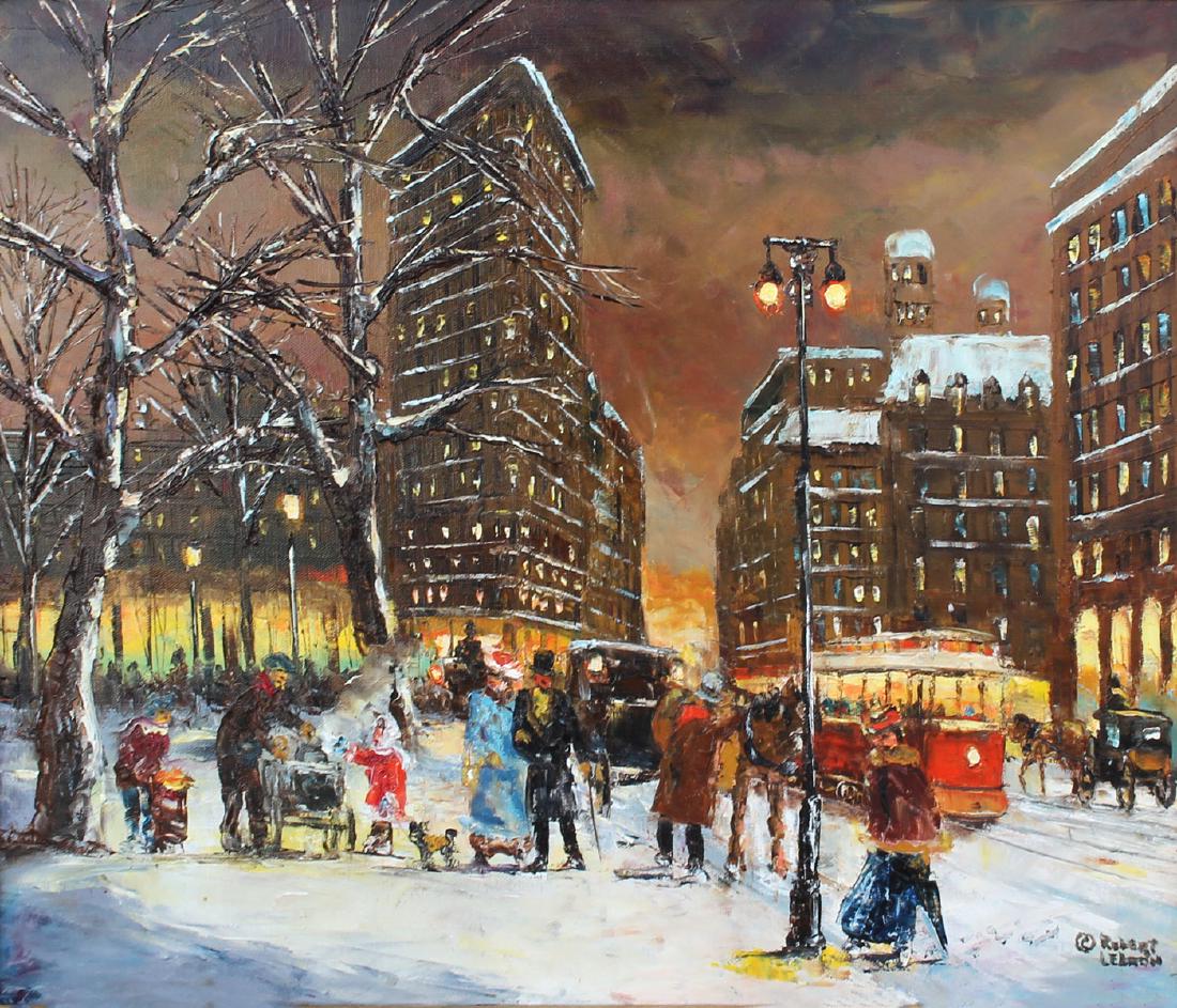 ROBERT LEBRON NYC FLATIRON BUILDING PAINTING: LEBRON, Robert, (American, 1928-2013): Flatiron Building New York City, Oil/Canvas, 20" x 24", signed lower right, signed and titled verso, framed 27.50" x 31.50".