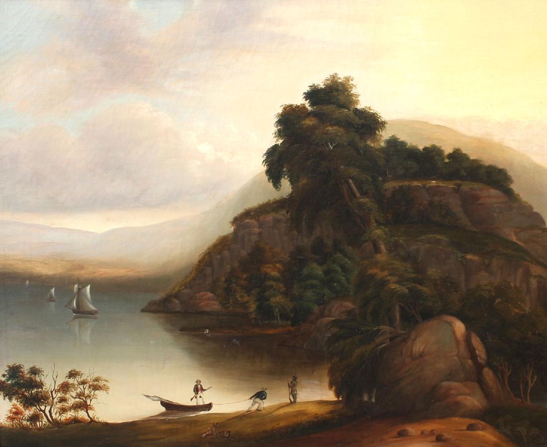 HUDSON RIVER SCHOOL RIVER LANDSCAPE PAINTING: HUDSON RIVER SCHOOL RIVER LANDSCAPE PAINTING: Oil/Canvas, 22" x 27", fine carved wood custom frame 28" x 33".