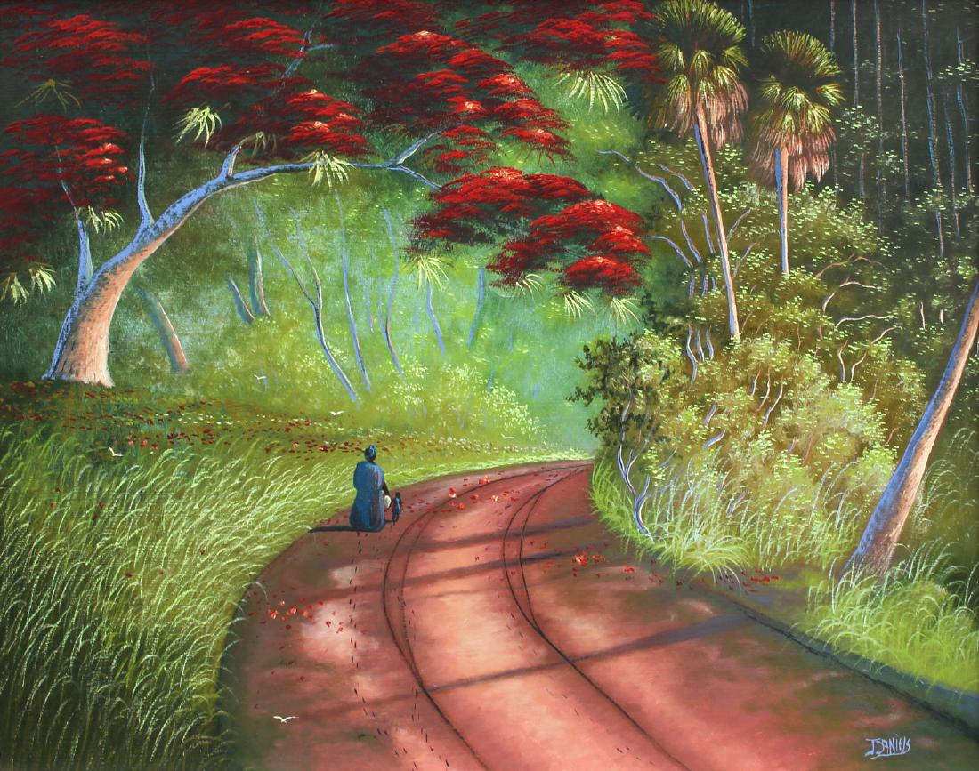 RARE JOHNNY DANIELS FLORIDA HIGHWAYMEN PAINTING: DANIELS, Johnny, (American, 1954-2009): Florida Highwaymen Landscape with Mother and Child Walking Along a Dirt Road with Giant Poinciana Tree Overhanging, Oil/Masonite, 24'' x 30'', signed lower righ