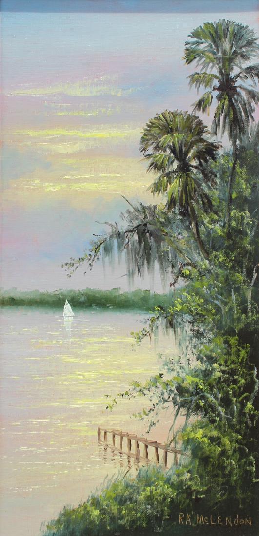 R.A. MCLENDON FLORIDA HIGHWAYMEN RIVER PAINTING: MCLENDON, R.A, (American, 1938): Florida Highwaymen River Scene with Sailboat and Dock, Oil/Upson, 23.75" x 12", signed lower right, framed 26.50" x 15.75".