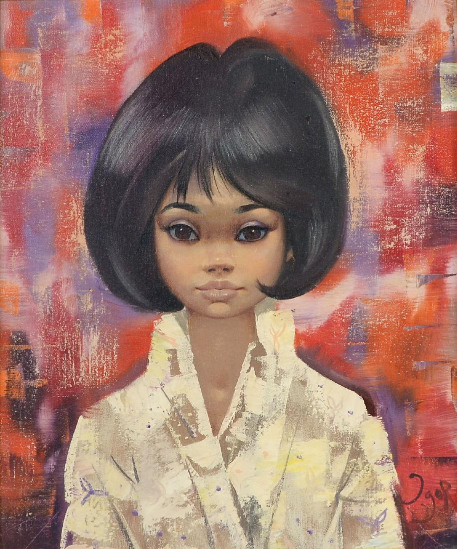 IGOR PANTUHOFF, BIG-EYED GIRL PAINTING: PANTUHOFF, Igor, (Russian, 1911-1972): Brunette Big Eyed-Girl, Oil/Canvas, 20" x 16", signed lower right, framed 28" x 24".