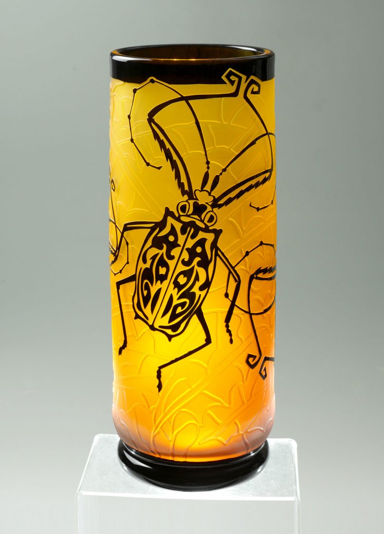 DUNCAN MCCLELLAN BEETLE MOTIF VASE: DUNCAN MCCLELLAN BEETLE MOTIF VASE: Cylindrical form having an acid etched yellow ground with black raised beetles. Etched signature at lower rim. Approx. 18.75" h x 7" w.