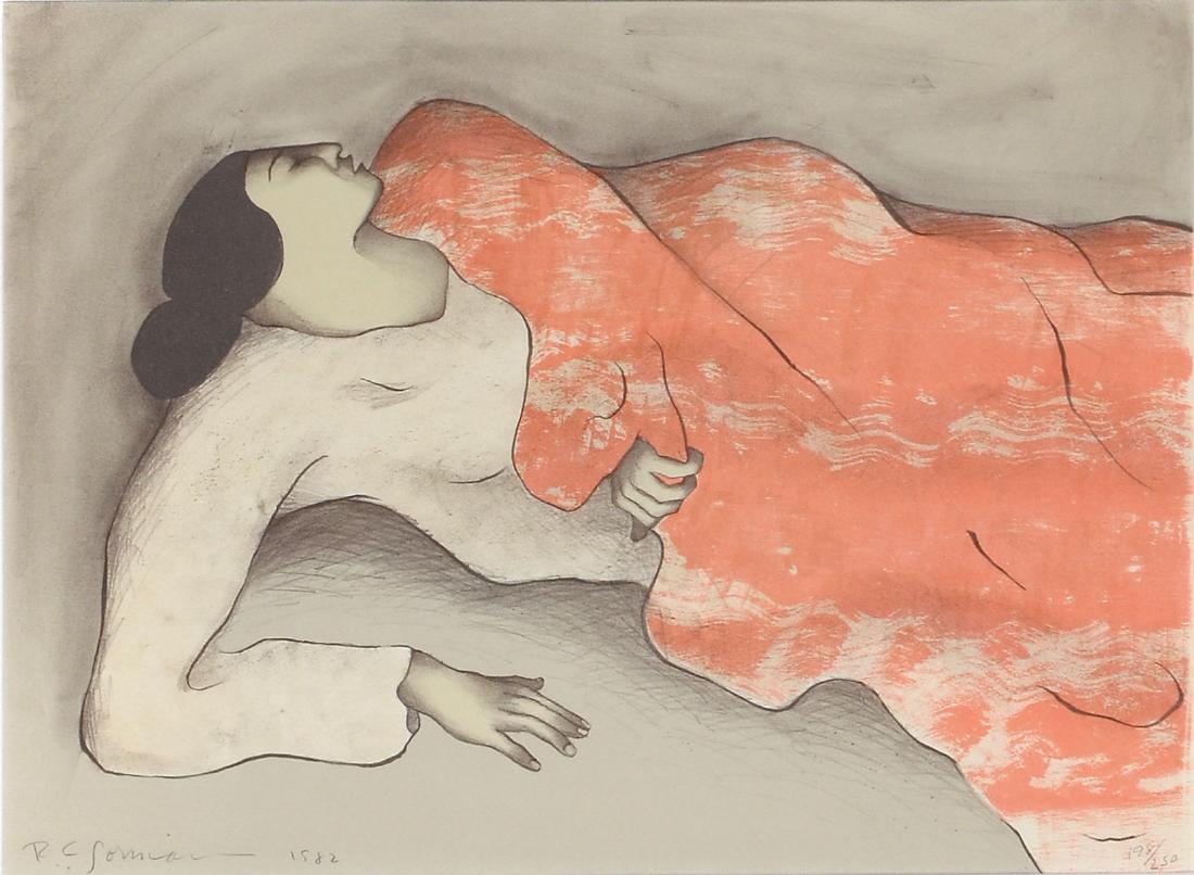 R.C. GORMAN LITHOGRAPH RECLINING FEMALE: GORMAN, R.C., (American, 1932-2005): Reclining Native American Female, Lithograph, sight size is 16.50" x 23", pencil signed lower left and dated 1982, numbered lower right 198 of 250, fine custom fra