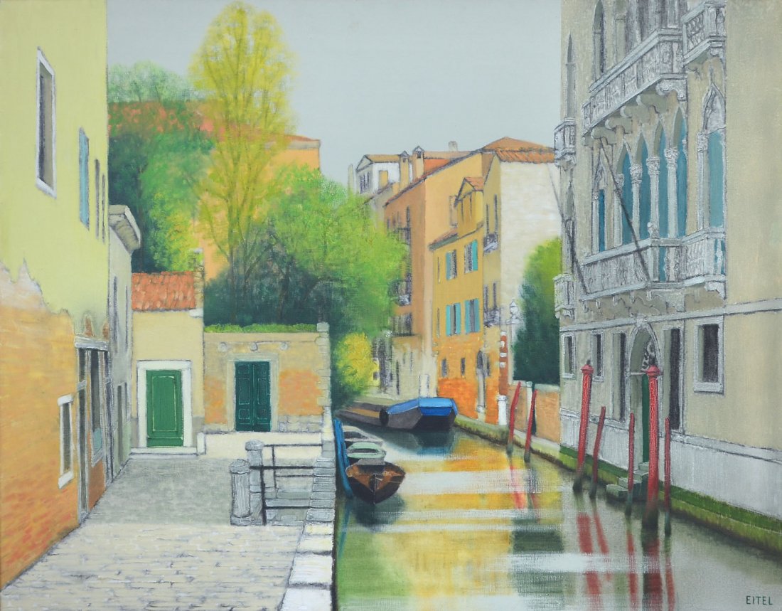 LARGE EITEL VENETIAN CANAL PAINTING: EITEL, Jacques, (French, 1926-2006): Venetian Canal Scene, Oil/Canvas, 45" x 58", signed lower right, gilded wood frame 52.50" x 65", Wally Findaly Galleries label affixed verso.