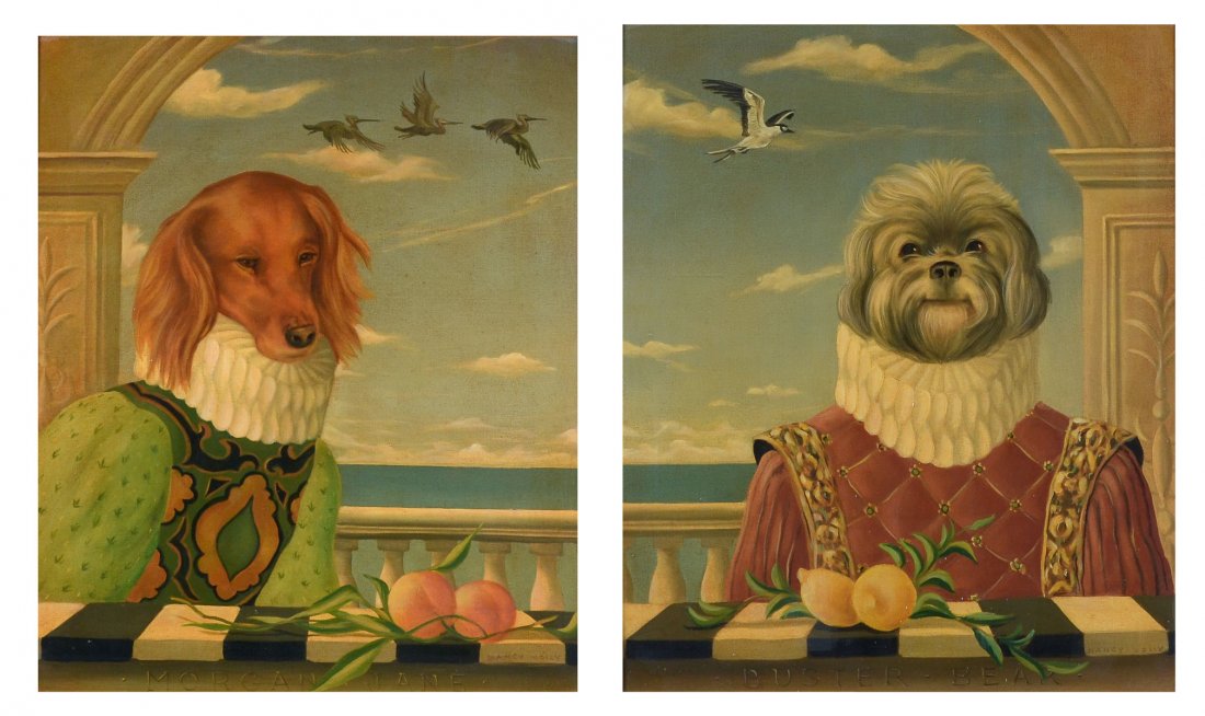 NANCY JOLLY DOG CHARACTER PAINTINGS: JOLLY, Nancy, (American, 1945): Dachshund and Shih Tzu Dressed Up as Royalty of Early Times, Oil/Canvas, both 24" x 20", matching pierced carved frames 32" x 28", both pieces are signed.