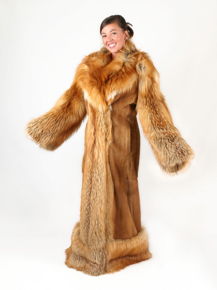 FULL LENGTH SHEARED BEAVER WITH FOX COLLAR & SLEEVES: FULL LENGTH SHEARED BEAVER WITH FOX COLLAR & SLEEVES: The body of this coat is a lovely caramel color sheared beaver perfectly accented with red fox sleeves, tuxedo collar and hemline trim. 3 hook and