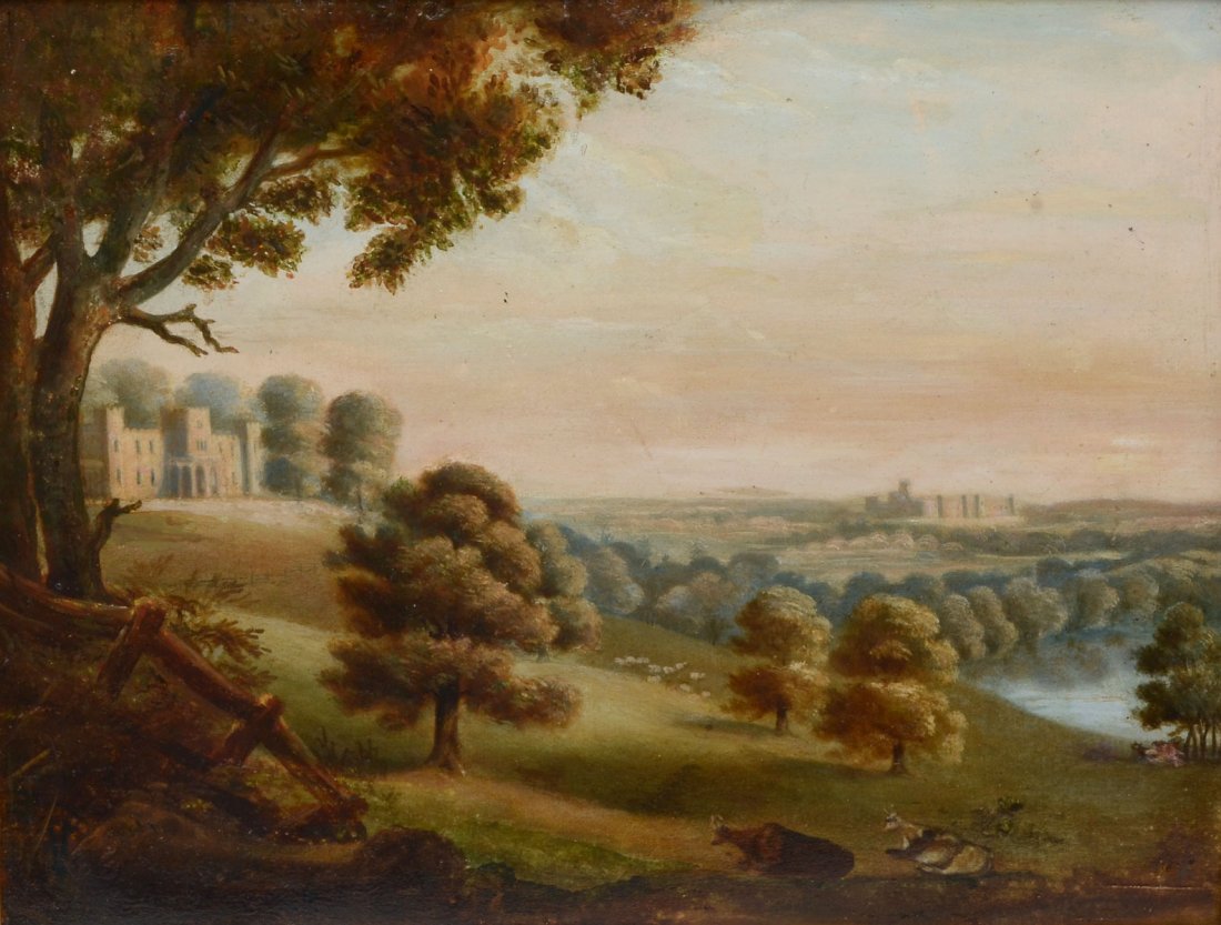 ROMANTIC 19TH CENTURY LANDSCAPE WITH CASTLES: ROMANTIC 19TH CENTURY LANDSCAPE WITH CASTLES: Oil/Board, 14" x 18", no visible signature, framed 18" x 21.75".
