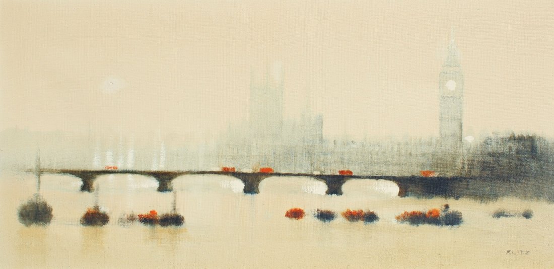 LARGE ANTHONY KLITZ WESTMINSTER PAINTING: KLITZ, Anthony, (Irish, 1917-2000): "Westminster", Oil/Canvas, 24" x 48", signed lower right, artist's stencil verso with title, framed 32.50" x 56".