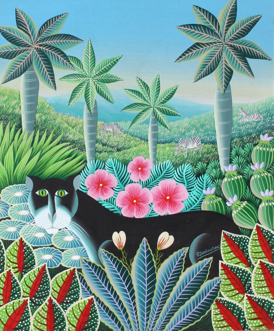 P. DESLOUCHES HAITIAN PANTHER PAINTING: DESLOUCHES, P., (Haitian, 20th Century): Haitian Painting of a Panther in a Lush Jungle, Oil/Canvas, 24" x 20", signed lower right, framed 28.75" x 25.50".