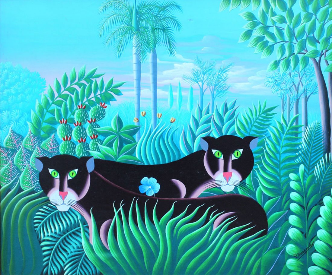 P. DESLOUCHES HAITIAN PAINTING TWO PANTHERS: DESLOUCHES, P., (Haitian, 20th Century): Two Panthers in a Jungle, Oil/Canvas, 20" x 24", signed lower right, framed 22" x 26".