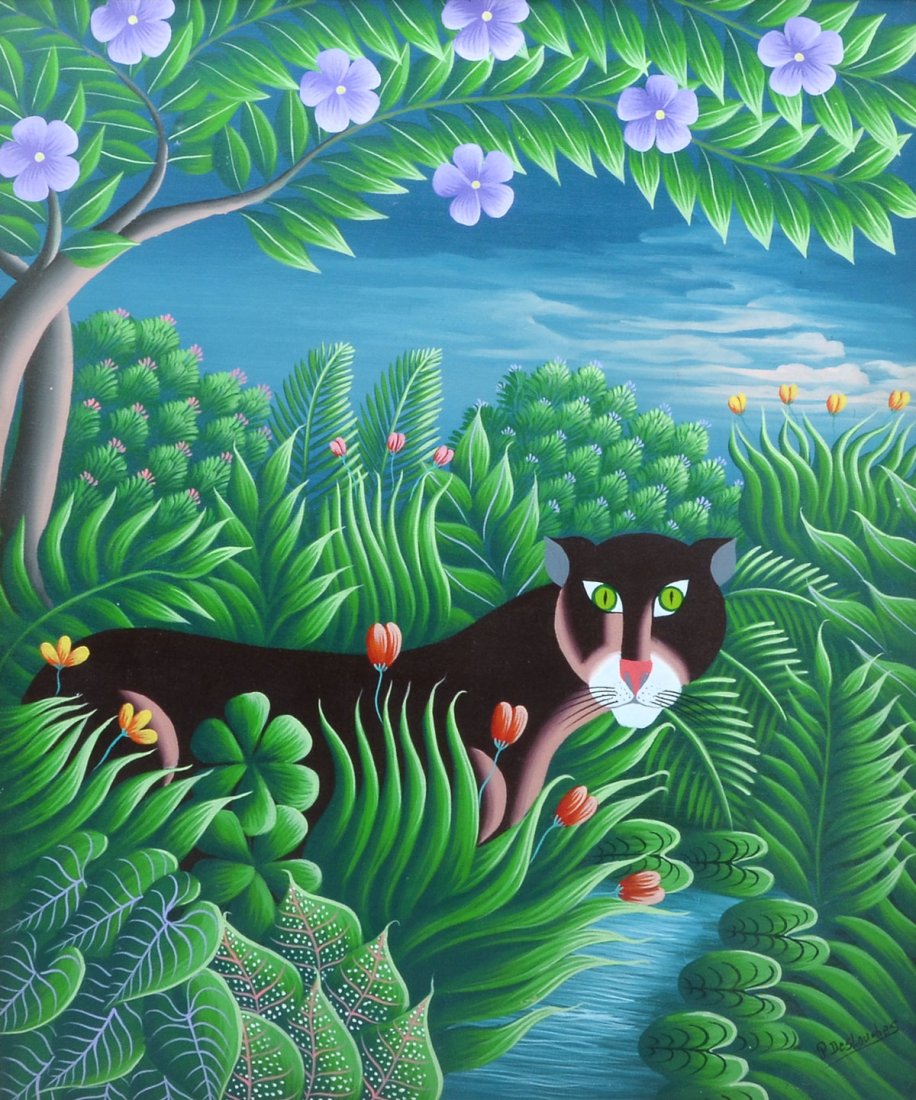 P. DESLOUCHES PAINTING PANTHER BY STREAM: DESLOUCHES, P., (Haitian, 20th Century): Panther by Stream, Oil/canvas, 24" x 20", signed lower right, framed 26" x 22".