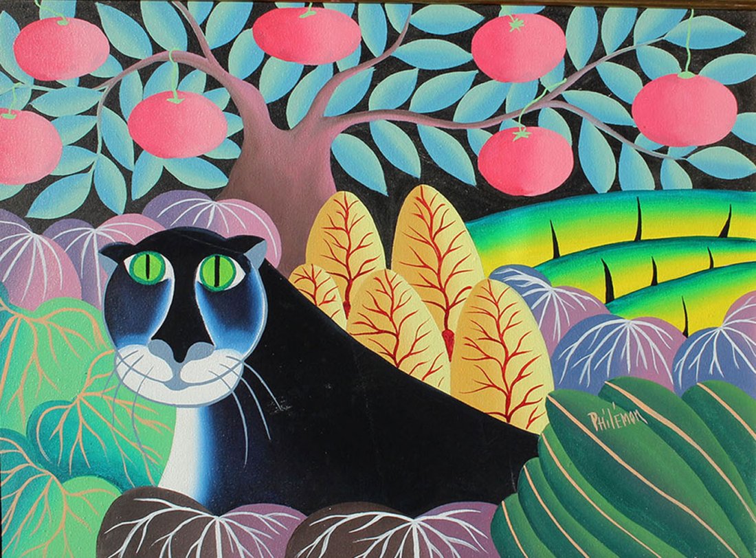HAITIAN PANTHER SIGNED PHILEMON: HAITIAN PANTHER SIGNED PHILEMON: Oil/Canvas, 12" x 16", signed lower right, framed 14.50" x 18.50".