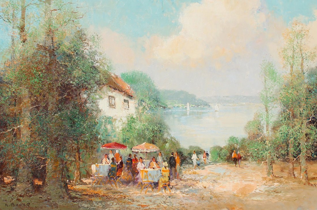 LARGE WILLI BAUER LAKESIDE CAFÉ PAINTING: BAUER, Willi, (German, 1923): Lakeside Café, Oil/Canvas, 24" x 36", signed lower left, carved and gilded wood frame 33" x 45".